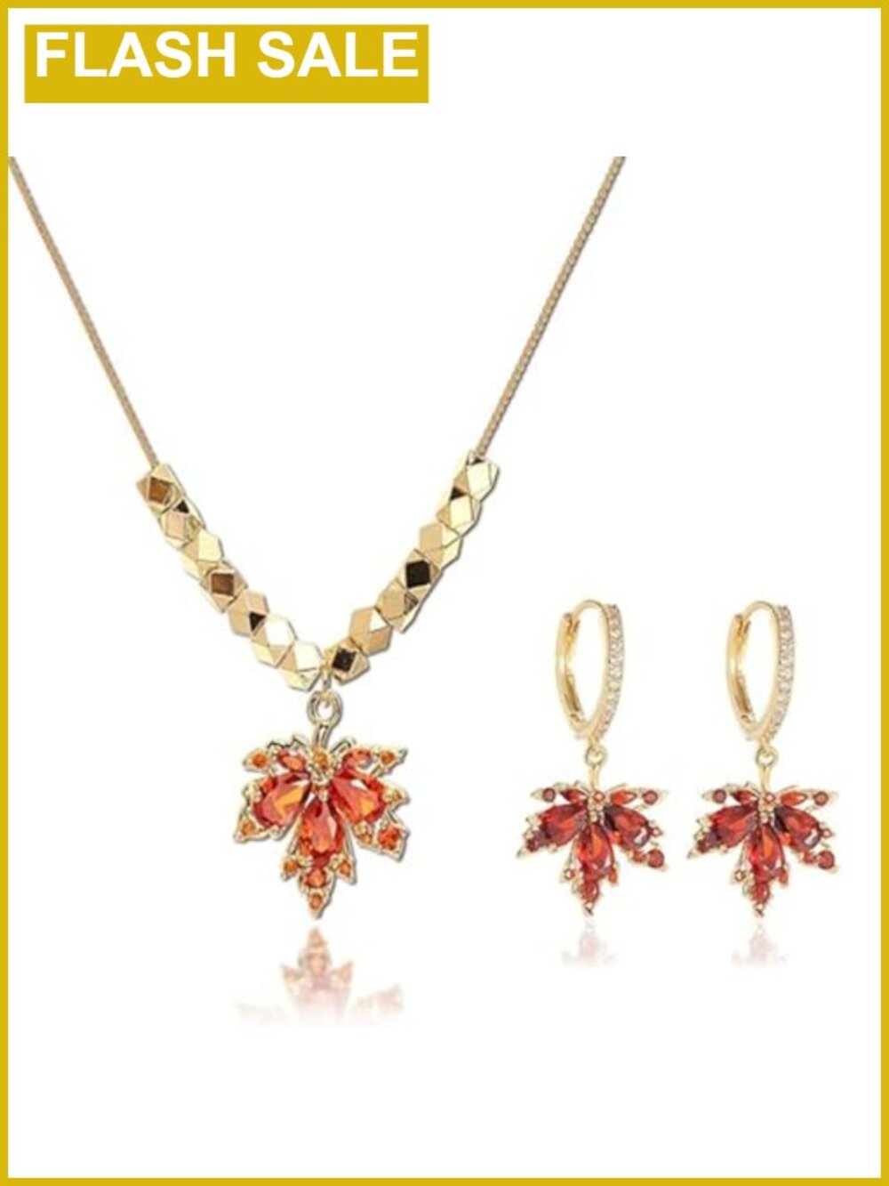 Gold Maple Leaf Earrings Necklace Set Rhinestone Crystal Dainty Fall Wedding